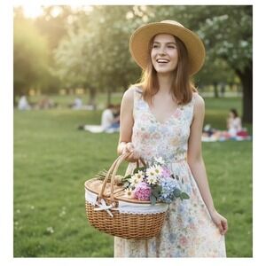 Wicker Picnic Basket with Lid and Handle Sturdy Woven Body with Washable Lining